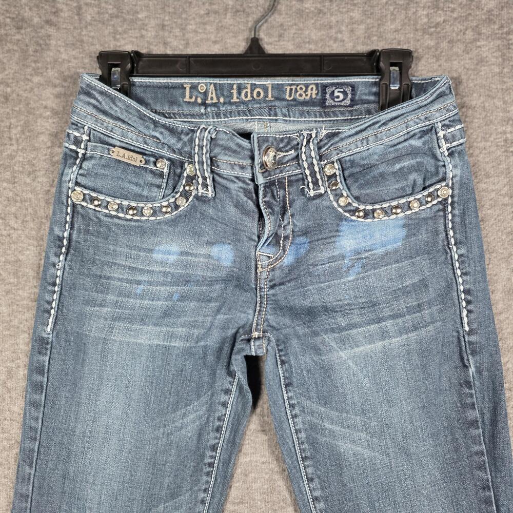 L.A. Idol USA Jeans Juniors 5 Blue Bootcut Low Rise Rhinestone Embroidered Denim